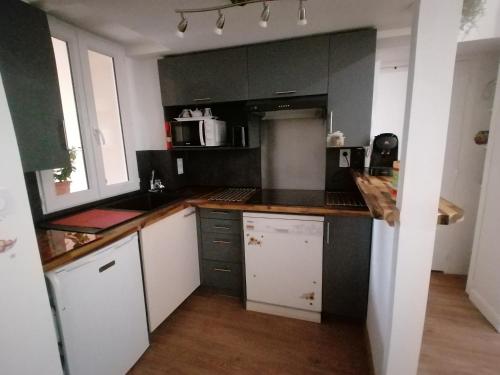 une cuisine avec des armoires noires et des comptoirs blancs dans l'établissement Studio ÉMILE Jardin des plantes -Métro -Tramway, à Toulouse