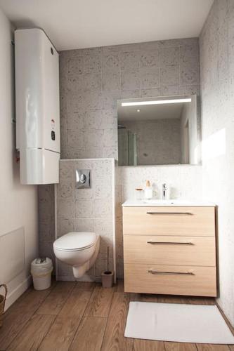 a bathroom with a toilet and a sink and a mirror at L'Exotique - Gare/centre, lumineux, spacieux, neuf in Châteauroux