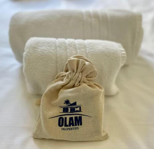 un sac de serviettes assise sur un lit dans l'établissement 2 BR Croisette balcony & sea view Olam Properties, à Cannes