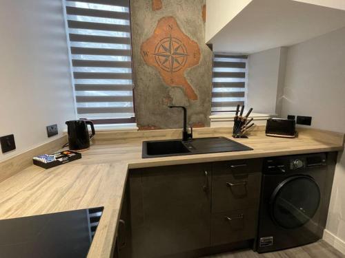 a kitchen counter with a sink and a dishwasher at 1bedroom ground floor apartment in Aberdeen