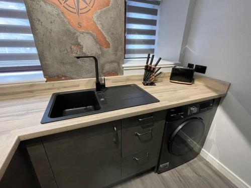 um balcão de cozinha com um lavatório e uma máquina de lavar louça em 1bedroom ground floor apartment em Aberdeen