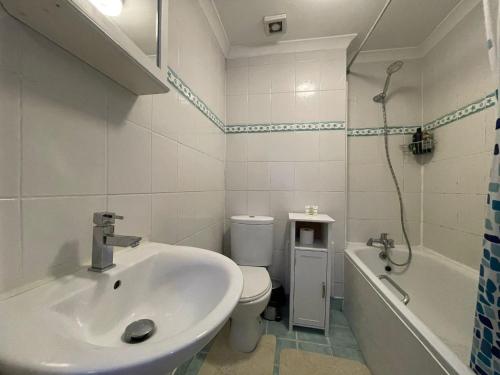 倫敦的住宿－The Islington Hub，浴室配有盥洗盆、卫生间和浴缸。