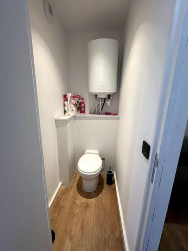 W pokoju znajduje się niewielka łazienka z białą toaletą. w obiekcie Maison fraichement rénové w Lille