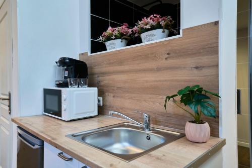 a kitchen counter with a sink and a microwave at NG Prestige - Nain - Suite Spa Privatif - Jacuzzi - Netflix - Projecteur in Roubaix