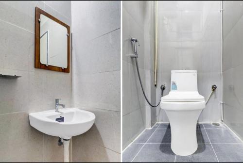 two pictures of a bathroom with a toilet and a sink at SS Suites in Bengaluru