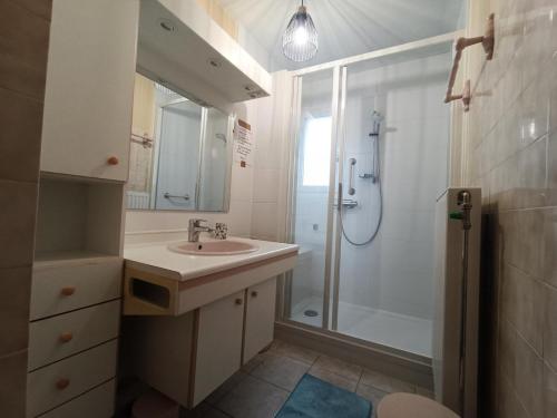 une salle de bain avec un lavabo et une douche dans l'établissement Résidence Les Guppys - Belle surface pour cet appartement et très central ! MAE-3354, à Aix-les-Bains