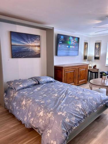 um quarto com uma cama grande e uma televisão em Piece of Paradise by the Beach 2 em Hypoluxo