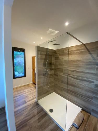 a shower with a glass door in a bathroom at Chez Laura-Marie & Alex in Porto-Vecchio
