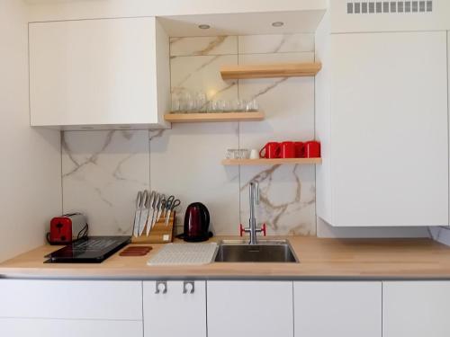 une cuisine avec des armoires blanches et un évier dans l'établissement Residence Du Temple - Coup de coeur pour ce beau logement, idéalement situé ! MAE-3114, à Aix-les-Bains