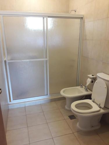 een badkamer met een toilet en een glazen douche bij LOS CALDENES in Trapiche