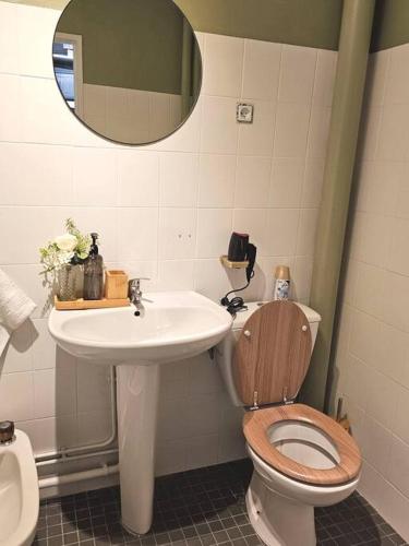 ein Badezimmer mit einem WC, einem Waschbecken und einem Spiegel in der Unterkunft Le Vénitien in Montreuil