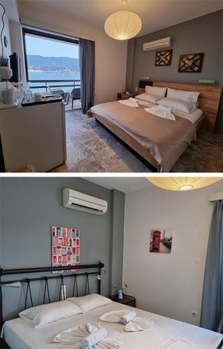 two pictures of a hotel room with two beds at Irene Vìlla in Poros