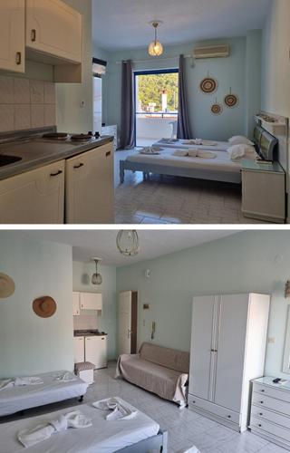 two pictures of a kitchen and a living room at Irene Vìlla in Poros