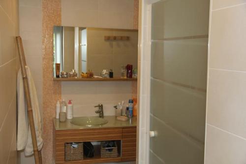 une salle de bain avec un lavabo et un miroir dans l'établissement Maison entre mer et montagne, à Lecci