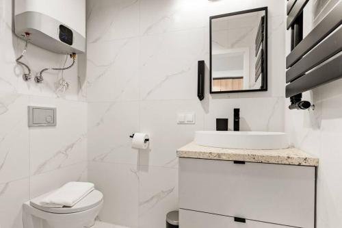 bagno bianco con lavandino e specchio di Stylowy apartament z osobną sypialnią Powstańców4a a Katowice