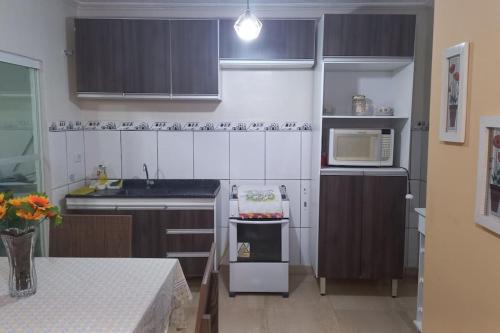 una pequeña cocina con fregadero y microondas en Apto mobiliado próximo hospital angelina caron. ( ver app Airbnb), en Campina Grande do Sul