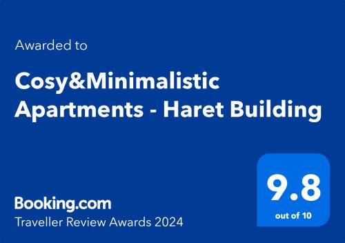 Certifikat, nagrada, logo ili neki drugi dokument izložen u objektu Cosy&Minimalistic Apartments - Haret Building