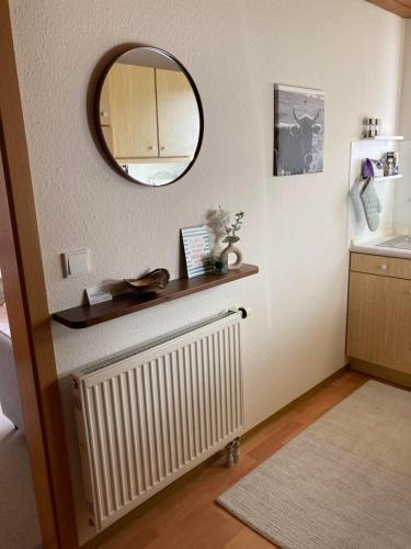 La salle de bains est pourvue d'un miroir et d'un radiateur. dans l'établissement Ferienwohnung Bergleuchten, à Obermaiselstein