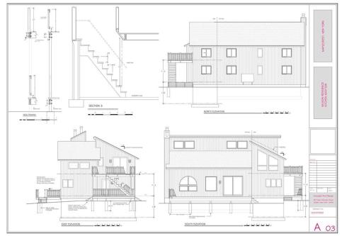 a drawing and elevation of a house with drawings at Mountain house w/ stunning views & gourmet kitchen in Maplecrest