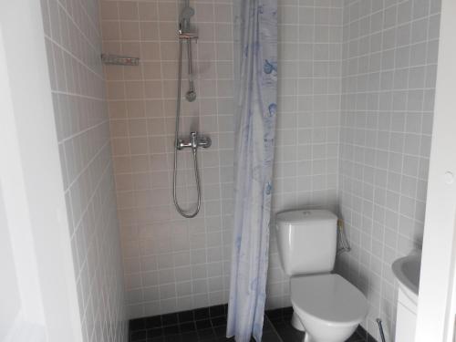 een badkamer met een douche, een toilet en een douchegordijn bij Tee Motell in Viitna
