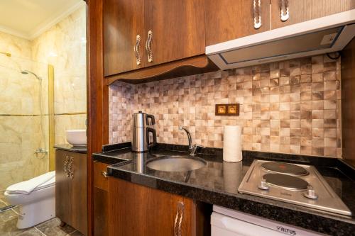 a small kitchen with a sink and a toilet at Nasip House in Istanbul