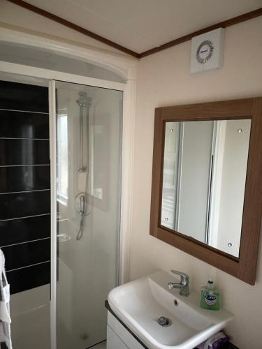 羅切斯特的住宿－Newland's，浴室配有盥洗盆和带镜子的淋浴