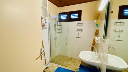 baño blanco con ducha y lavamanos en Villa Louisiane- vue imprenable sur la baie de Fort-de-France, en Les Trois-Îlets