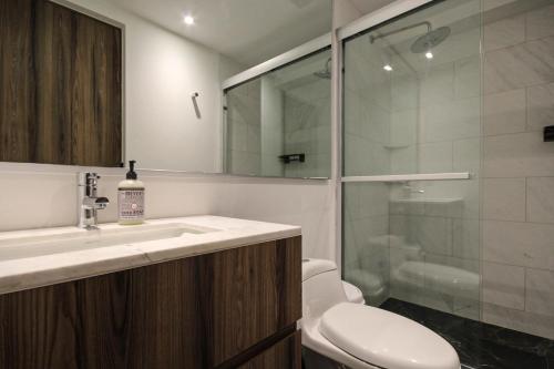 a bathroom with a toilet and a sink and a shower at Lujoso y cómodo departamento en la mejor zona de Condesa in Mexico City