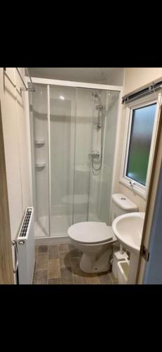 a bathroom with a shower and a toilet and a sink at Laguna- Rockley Park Poole in Poole