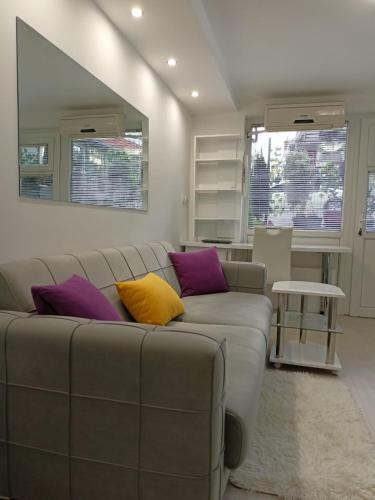 a living room with a gray couch and purple and yellow pillows at Mamma Mia in Dušanovac (historical)
