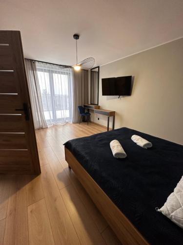 a bedroom with a bed and a desk with a television at Apartamenty i Pokoje Złote Piaski in Jastrzębia Góra