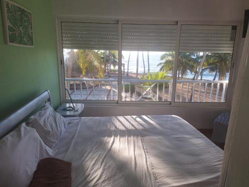 a bedroom with a bed with a view of the ocean at Vista marina superior in Juan Pedro