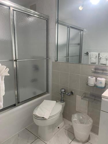 a bathroom with a toilet and a glass shower at Castle 1527 Studio Balcony with Oceanfront, Pools, Free Parking and Direct Beach Access in Miami Beach