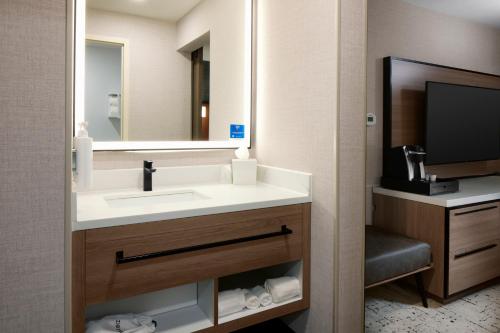 a bathroom with a sink and a mirror and a television at Hampton Inn Newark Airport in Newark