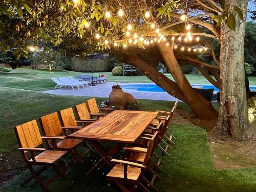 einen Holztisch und Stühle unter einem Baum mit Licht in der Unterkunft Autentico lujo, Villa Stylish Host Cantabria. in Camargo