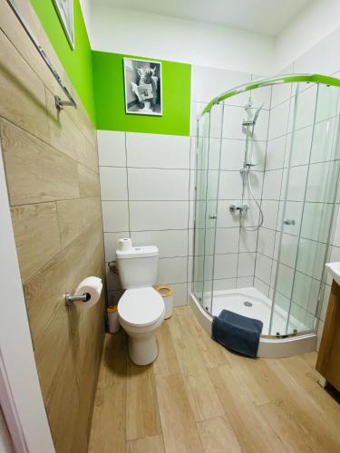 a bathroom with a shower and a toilet and a tub at HOTEL MILO - Noclegi Bartoszyce in Bartoszyce