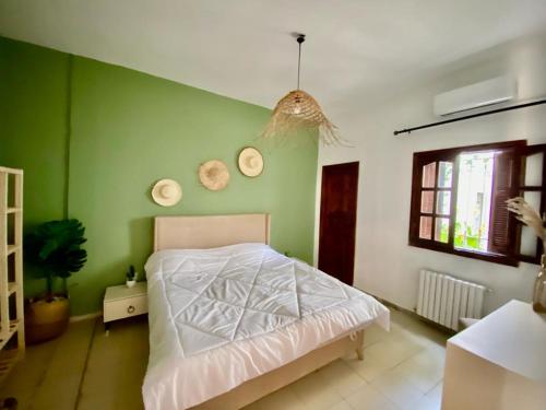 a bedroom with a green wall and a bed at maison 4 saison in La Goulette