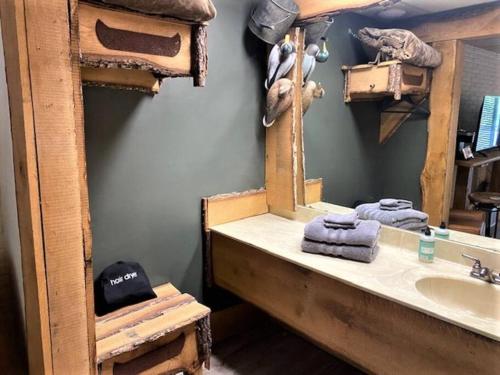 a bathroom with a sink and a mirror at Stonegate Lodge King Bed, WIFI, 50in Roku TV, Salt Water Pool Room #108 in Eureka Springs