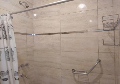 ducha con puerta de cristal y cortina de ducha en Apartamento España en Corrientes