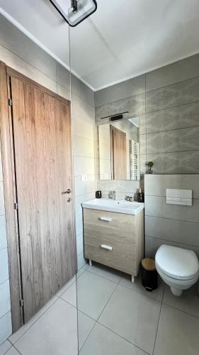 a bathroom with a toilet and a sink and a mirror at Casa Ama in Buşteni