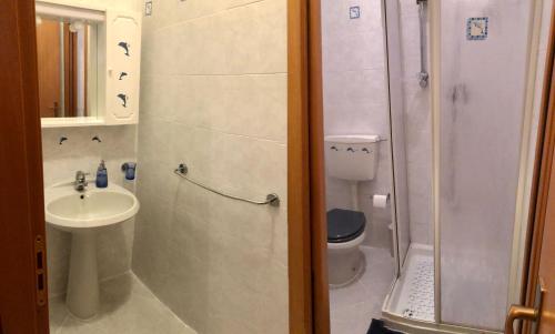 La petite salle de bains est pourvue de toilettes et d'un lavabo. dans l'établissement Appartamento Ruscello sulle piste, à Abetone