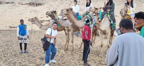 a group of people standing next to camels on the beach at ABAZIDO Nubian Guest House in Aswan