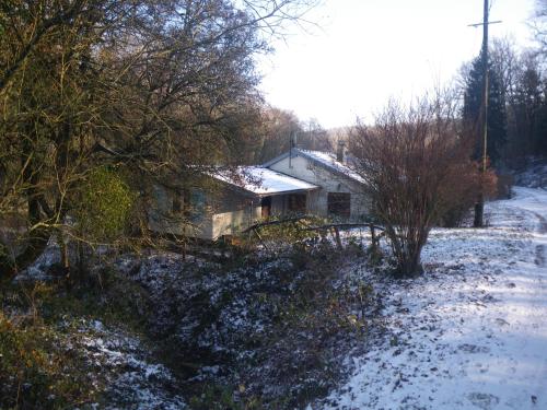 uma casa com neve no chão ao lado de um quintal em Chambre quadruple du grand sapin 