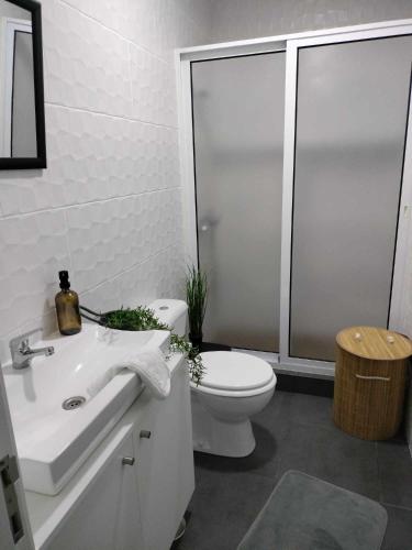 a white bathroom with a toilet and a sink at Casa Corpo Santo in Vila Franca do Campo