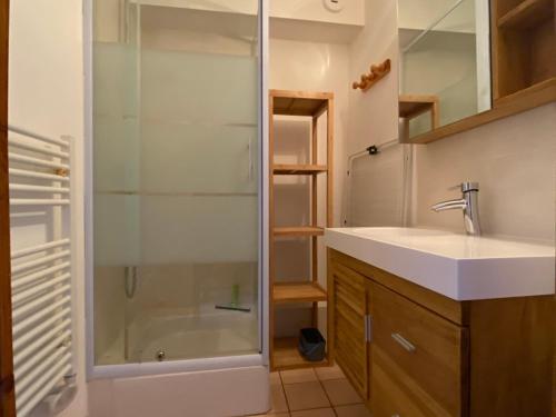 une salle de bain avec douche et lavabo dans l'établissement Charmant 2 pièces cabine 4 pers 3* avec balcon exposé Sud-Est au cœur de Valloire, proche télécabine - FR-1-263-422, à Valloire