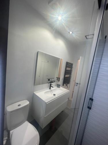 a bathroom with a toilet and a sink and a mirror at El Rincón de la estación in Ourense