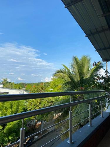 d'un balcon avec vue sur un palmier. dans l'établissement Posada Turística Marova, à Inírida