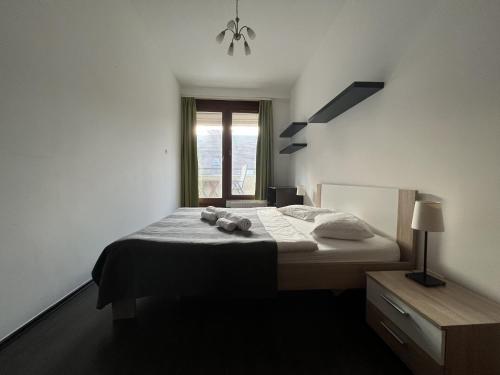 sypialnia z łóżkiem i oknem w obiekcie BpHomes w Budapeszcie
