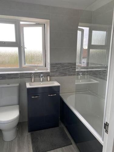 a bathroom with a toilet and a sink and a shower at Binks Bungalow in Hunstanton