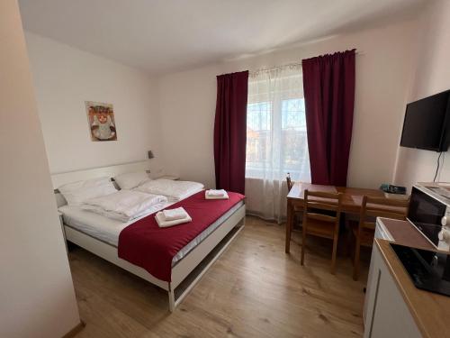 ein Schlafzimmer mit einem Bett und einem Schreibtisch sowie eine Küche in der Unterkunft Villa Angel'OK in Hévíz